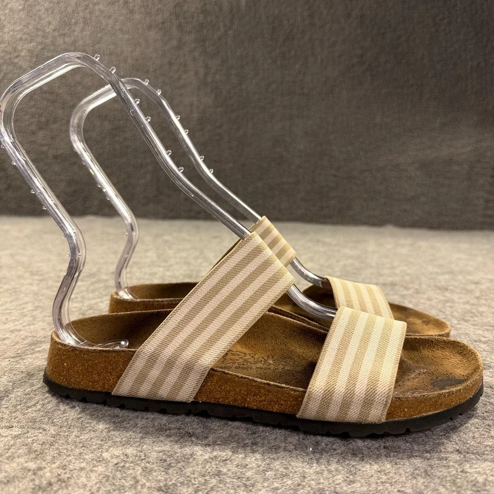 Birkenstock Birki's Sandals Womens 7 38 Beige Striped Slide Cork Comfort‎ Shoes
